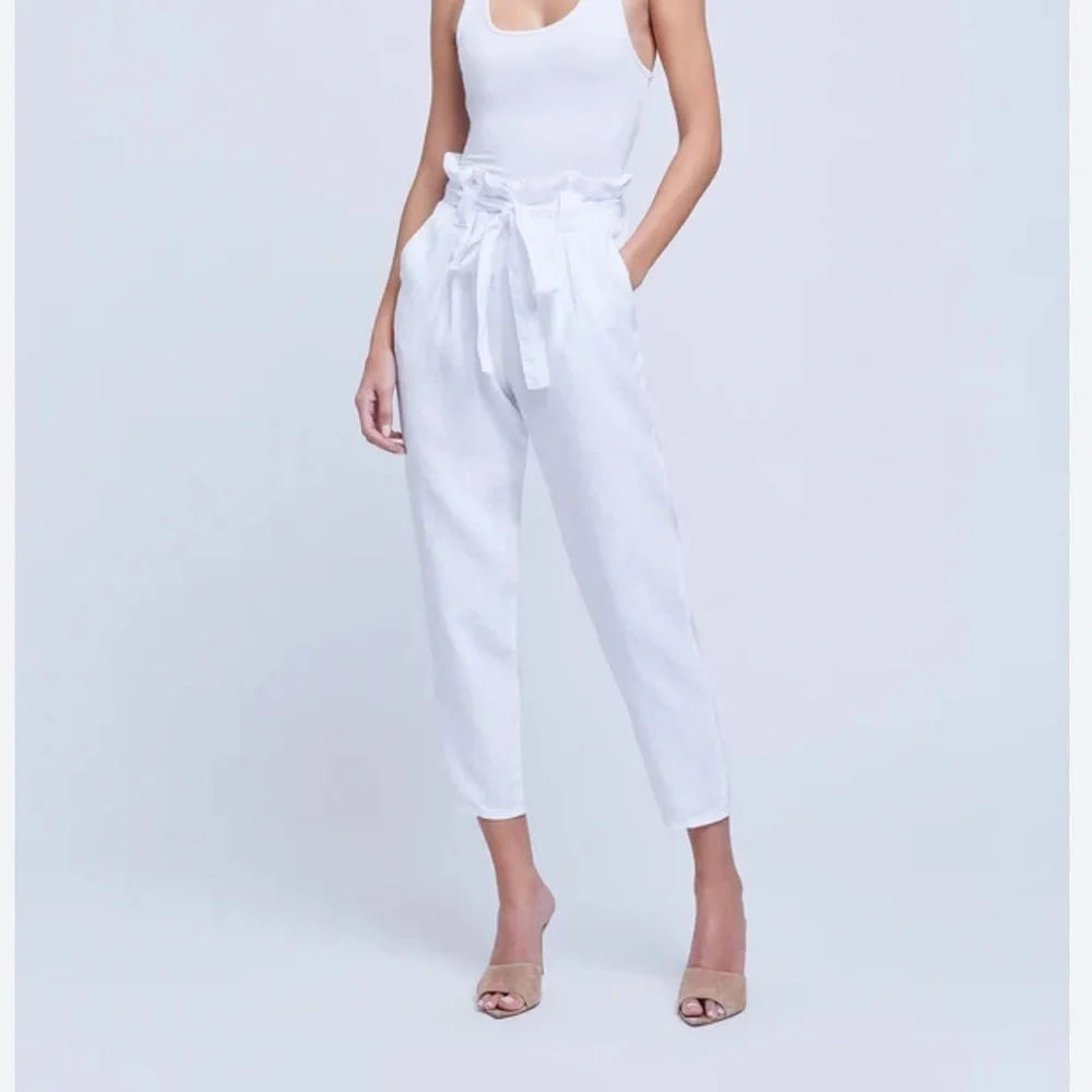 Women’s Elastic Tie Front High Waisted Belted Pants White Pocket Size M